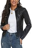 Fahsyee Damen Kunstlederjacke, Moto Biker Lederjacke Antik-fertige Schlanke Vegane Reißverschlussjacke Schwarz, Größe M