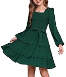GRACE KARIN Mädchen Langarm Kleid Festliches Prinzessin A-Linie Kleider Rüschen Midikleid Hochzeit Dunkelgrün 14 Jahre