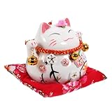 ARTSEWPLY Keramik Winkekatze Sparbüchse mit Glocken 45 Zoll Japanische Maneki Neko Tischdekoration für Wohnzimmer und Büro