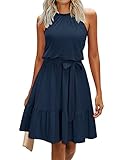 Newshows Sommerkleid Damen Knielang Elegant Kleid Neckholder Sommer Ärmellos Freizeitkleider mit Taschen(Marine, Klein)