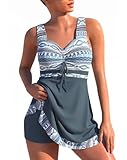 Minetom Damen Bauchweg Bademode Tankini Set Zweiteilig Push Up Badeanzug Strand Schwimmanzug Swimwear Bikini Badekleid mit Shorts E Grau XXL