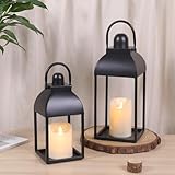 MATAHUM Laternendekoration, Laternen, dekorativ, für drinnen und draußen, 38,1 cm, 27,9 cm, 2 Stück, schwarze Metall-Kerzenlaternen mit flammenlosen Kerzen, Outdoor-Laternen für Veranda, Terrasse,