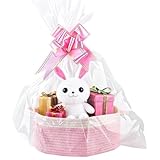 VIDSTW Präsentkorb Leer Mit Geschenktüte und Schleife Geschenkkorb Leer Groß Aus Baumwolle Korb für Geschenke Mit Griffen Geschenk Korb Körbe für Ostern Babypartys Weihnachten (Rosa Weiß)