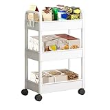 Braozaiw Rollwagen mit 4 Ebenen, Rollwagen auf Rollen, Kunststoff, Rollwagen mit extra hängenden Tassen und Haken für Küche, Wohnzimmer, Badezimmer, Büro (weiß, 3-Tier)