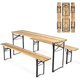 GIANTEX Bierzeltgarnitur 3 teilig klappbar Festzeltgarnitur 2 x Bierbänke 1 x Biertisch Picknicktisch 177x46x75 cm Campingtisch Stehtisch Sitzgarnitur Massivholz Metallrahmen Biergarten 300 kg