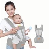 Babytrage Neugeborene ab Geburt, Ergonomische Atmungsaktiv Tragetaschen für Babys und Kleinkinder, Verstellbarer Baby Tragegurt Taille Hocker Multifunktionale Bauchtrage Rückentrage Tragehilfe (Grau)