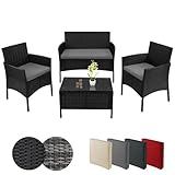 BB Sport Poly Rattan Sitzgruppe 4 Personen Tisch 2 Stühle Sitzbank 5cm Dicke Sitzpolster Balkonmöbel Set Sitzgarnitur Balkon Terrasse Garten Outdoor, Farbe:Titan-Schwarz/Kieselstrand