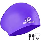 Silikon-Badekappe für langes Haar, ergonomisches 3D-Design, Silikon-Badekappen für Damen, Kinder, Herren, Erwachsene, Jungen, Mädchen, mit Ohrstöpsel und Nasenklammer (Violett/M)