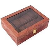 Zehn Raster Uhrenbox 29 * 21 * 8cm Uhrenkasten mit Glasdeckel Samtfutter, Vintage Schmuckkasten 1.2 kg Uhrenaufbewahrung für Uhrensammler und Geschenk