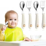 XENQITO 4 Set Kinder und Baby Besteckset, Kinderbesteck Esslernbesteck ab 1 jahr, Silikon Edelstahl Baby Besteckset Löffel Gabel mit Silikon Halten Anti-Choke Design, BPA Frei Lernbesteck
