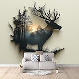 Vlies fototapete 3d Hirsch Und Sonnenuntergang Tapeten für Wohnzimmer Schlafzimmer Wald Und Sonnenuntergang Moderne Vliestapete Wandtapete Motivtapeten-350x256cm