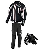 BOSmoto DAMEN MOTORRADKOMBI JACKE + HOSE + HANDSCHUHEN - BIKE MOTORRAD ROCKER TOURING in verschiedenen farben (M, Schwarz Rose)