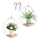 WRQIOO Blumenampel Hängend Innen, 2 Stück Hängeblumentopf mit Holzsockel, Hängende Pflanzgefäße aus Metall, Modern Deko Hängetopf für Pflanzen,Blumentopf Hängend Metall mit Deckenhaken&Aufhängeseil