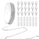 TOAOB Silber 5M Edelstahl Gliederkette Meterware 2mm x 3mm Schmuck Ketten Selber Machen Set mit 20 Karabinerverschluss 50 Biegeringe für DIY Schmuck