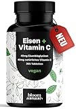 Eisen hochdosiert mit Vitamin C- 365 Tabletten - Eisenbisglycinat/Eisentabletten mit Vitamin C, Eisen Vitamin C vegan & produziert in Deutschland - Laborgeprüft