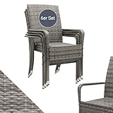 Juskys Polyrattan Gartenstühle Yoro 6er Set - mit Armlehnen & Rückenlehne 6 Stühle stapelbar - Rattan Stuhl Garten - Stapelstuhl Grau-meliert