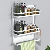 DUNSOO Gewürzregal Wand mit Küchenrollenhalter und 4 Haken, Küchenregal Ohne Bohren aus Edelstahl, Wandregal Hängend für Küchen und Bad Organizer, Weiß