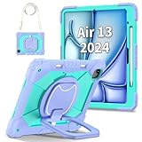 Tablet Case Schutzhülle kompatibel mit iPad Air 13 Zoll (2024) M2 mit Stifthalter, Robuste stoßfeste Hülle, Schutzhülle mit 360 Grad drehbarem Ständer + Handschlaufe + Schultergurt(Mor)