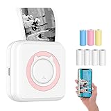 Mini Drucker für Smartphone, Fotodrucker für Smartphone, Fotodrucker, mit USB-Kabel und 7 Rollen Thermopapier, für Journal, Reisen (Rosa)