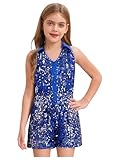 inlzdz Kinder Mädchen Glitzer Jumpsuit Romper Ärmellos Einteiler Playsuit Overall mit V-Ausschnitt Pailletten Outfit Für Hochzeit Geburtstag Party Königsblau 134-140