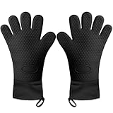 AMFUN 2er Set Ofenhandschuhe, Silikon Ofenhandschuhe Hitzebeständige mit weichem Baumwoll-Innenfutter, Rutschschutz Kochhandschuhe bis 240°C, für Küche, Grillen, Kochen und Backen, Schwarz Erweitert
