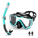 Schnorchelset Erwachsene,Taucherbrille Erwachsene mit Dry Schnorchel, wasserdichte Tauchmaske Anti-Fog Anti-Leck,Mit gehärteter Glaslinse, Schnorchelsets für Schnorcheln und Tauchen (Schwarz/Grün)