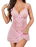 Tuopuda Negligee Damen Sexy Dessous Babydoll Nachtwäsche Kleid V-Ausschnitt Nachthemd Spitze Nachtkleid Unterwäsche Set Reizwäsche Morgenmantel Kurz Robe mit G-String, Rosa, M