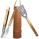 Curry Master Grillset für Männer Geschenk in Ledertasche – Grillbesteck Set aus Edelstahl - 3-in-1 Spachtel & Reinigungsbürste – Ideales Grill Set Männer Geschenk, Grill Geschenke für Männer