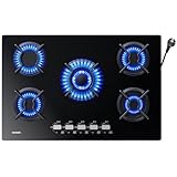 WEHIMO Gaskochfeld 5 Flammig, Gasherd 77cm, Glas Einbau-Gaskochfeld Dicke 8 mm, Schwarz Gaskochfeld mit Automatischem Flammenschutz, Gas Stove für Erdgas oder LPG, 10500W, 127-240V