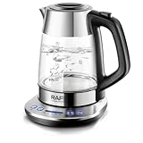 UUE Wasserkocher Glas 1,7 Liter, 2200 Watt, Blaue LED-Beleuchtung & Temperaturwahl (40-100°C), BPA-frei & Borosilikatglas, Abnehmbare Teekanne mit 360° Edelstahl Sockel für Küche, Büro, Wohnzimmer