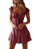 Imily Bela Damen Sommerkleid Rüschen Swing Strandkleid Elegant A-Linie Minikleid High Waist Kleid mit Kordelzug(Weinrot, L)