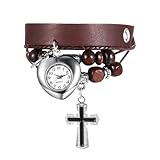 Avaner Uhren Damen Mehrschichtige Lederuhr: Damenuhr mit Kreuzanhänger Arabische Ziffern Vintage Armbanduhr in Herzform Analog Quarzuhr für Männer Frauen