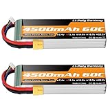 11,1 V LiPo Batterie, 3S RC Lipo Batterien 4500mAh 60C mit XT60 Stecker für RC Auto/LKW, Buggy, Boot, Heli und Drohne (2 Packungen)