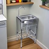 Freistehende Edelstahl Spültisch 1 Becken Mobile Ausgussbecken mit Wasserhahn mit Kalt und Warmwasserschläuchen Gastrospülen waschbecken für Restaurant, Küche, Bar, Garage