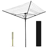 Ram® Wäschespinne mit 4 Armen, drehbar, für Garten, 45 m, zusammenklappbar, Wäschespinne mit Erdspieß und Abdeckung, 45 m