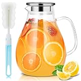 SUSTEAS 2.5 Liter 75oz Wasserkaraffe, Glaskaraffe mit Deckel und Breitem Griff, Leicht zu Reinigender Glas Karaffe für den Kühlschrank, Wasserkrug für Kaltes/Heißes Wasser, Eistee, Mit Bürste