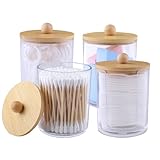 Vexillic Wattestäbchen Behälter, 4 Stück Wattepadspender Acryl Schminktisch Organizer Qtip Halter Spender mit Bambus Deckel für Wattebällchen, Wattestäbchen, Wattepads, Zahnseide