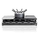 Raclette Fondue Kombi 12 Personen - Tischgrill Elektrisch mit Grillplatte und Heißer Stein - Elektrogrill Starke 1650 Watt - 12 Pfännchen Antihaftbeschichtung - 3in1 Party Grill mit Crepes Maker