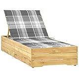 Myheimly Kiefernholz Imprägniert Sonnenliege mit Auflage Gartenliege Holzliege Liege Gartenmöbel Relaxliege Saunaliege Strandliege Graues Karomuster