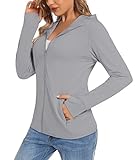 TACVASEN Sportjacke Damen UV Shirt mit Kapuze Schnelltrocknend Laufshirt Langarm Sun Hoody Wandershirt Outdoor (XL, Hellgrau)