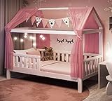Alcube Hausbett 90x200 mit Rausfallschutz - Vielseitiges Holz Kinderbett für Jungen & Mädchen - Massivholz Kinder Bett mit Rausfallschutz und Lattenrost 200x90 cm - Weiß