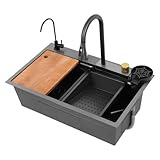 Fichiouy Küchenspülen-Set, Nano-Raindance-Wasserfall-Spüle, Heimspüle, Ausziehbaren Wasserhahn Wasserfall Modus, Gemüsebecken Mit 3 Wasserauslass Modi Doppellagige Gleitschiene 68x45x21cm