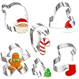 Kanehosi 2024 Weihnachts-Ausstechformen, groß, 6 Stück, Metall, Weihnachtsmütze, Socken, Zuckerstangen, Weihnachtsmann, Ingwermann, Mini-Baumformen, Plätzchenausstecher, 430 Edelstahl, Keksausstecher