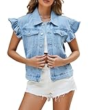 Ladyful Damen-Denim-Weste, Oberteil, Rüschen, Flügelärmel, Jeans, Weste, Knopfleiste, ärmellos, Jeansjacke, Hell, blau, Groß