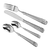 Cabilock 3 Sätze Vintage Geprägtes Geschirr Tablett Löffel Gabeln Silberwaren Gestell Zange Zusammenklappbar Teller Essgeschirr Besteck Schwarz Undicht Utensil Rostfreier Stahl Silver