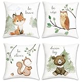 Bonhause 4er Set Kissenbezüge Frühling Waldtiere 45 x 45 cm Fuchs Bär Eichhörnchen Eule Dekorative Kissenhülle Zierkissenbezüge für Kinder Babyzimmer Dekoration