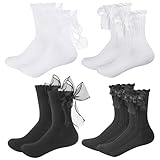 Huiguli 4 Paar Rüschen Söckchen Spitze mit Böge für Damen, Knöchelsocken, Süße Socken mit Schleife, Schwarz Weiß, Prinzessinnen-Tanzkleidersocken Für Damen Und Mädchen