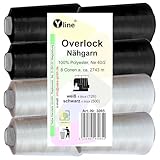 Set 8 Stück Spulen Overlock - Nähgarn, weiß & schwarz, a. 2743 m, NE 40/2, 100% Polyester, Nähfaden, Nähmaschinen Garn, (0,01 € / 10 m), 3065