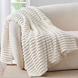 BEDELITE Kuscheldecke Flauschig Decke Klein - weiche Flanell Decken Elfenbein Weiß 125x150 für Sofa, Deko Streifen Cord Fleecedecke Weiss als Sofaüberwurf für Wohnzimmer, Throw Blanket Wide Use