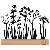 UNUS Aufsteller Blumenwiese, mit Tulpe, Lavendel und Pusteblume, 20x24x2,7 cm, Metallaufsteller mit Bambussockel, in Schwarz, Frühlingsdeko für Fenster, Tisch oder Regal